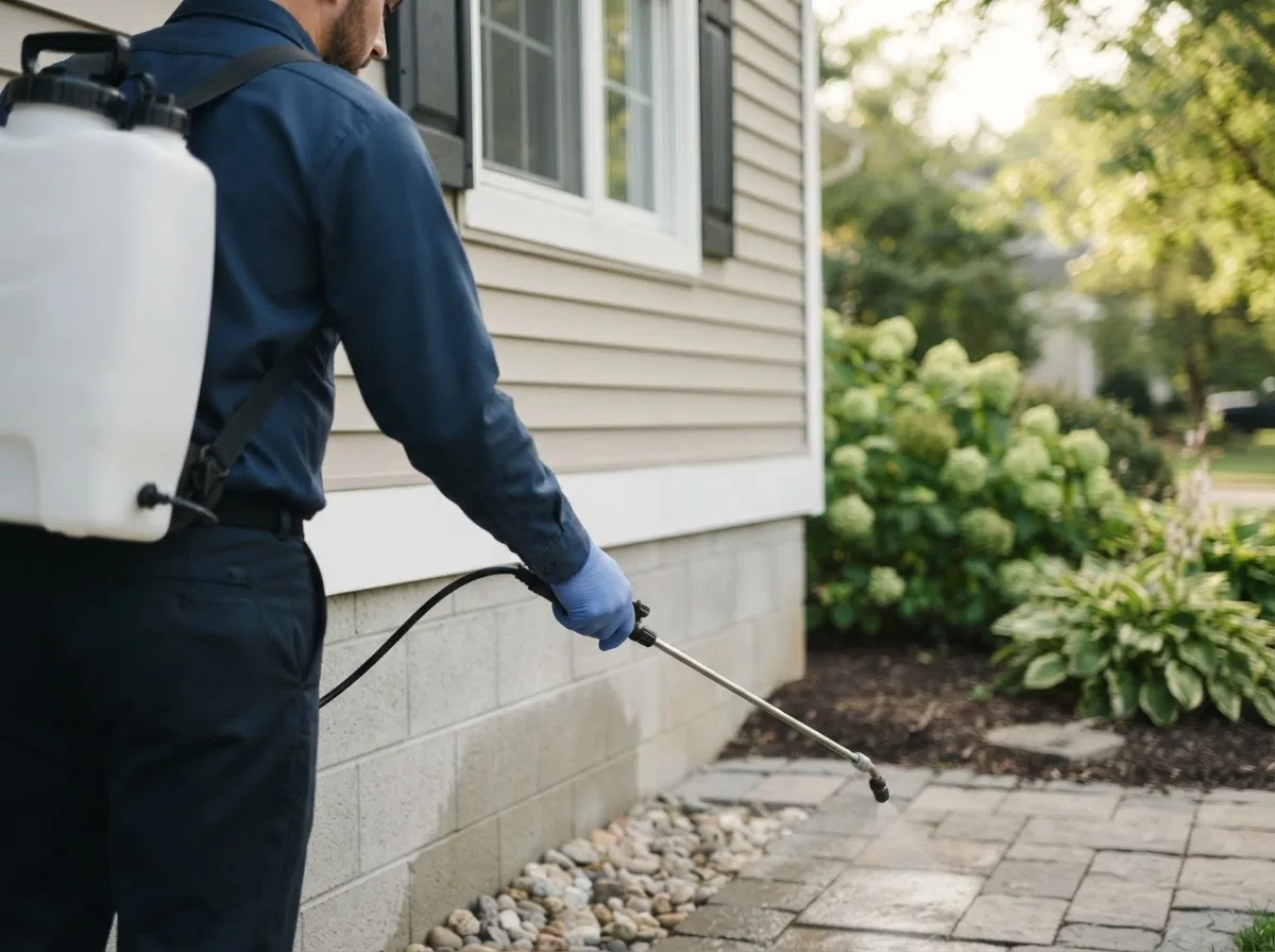 Pest control technician inspecting a home in Hubbard Lake, MI